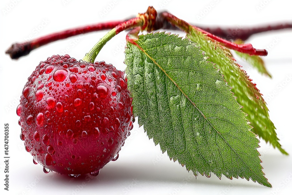 Poster fresh cherry with water droplets on leaves captured in a close-up setting