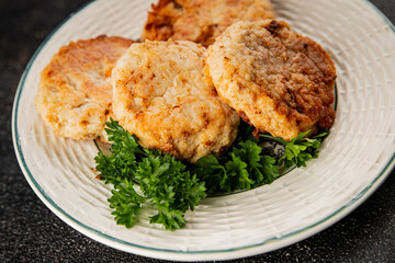 Meat cutlets pork, beef, chicken, lamb fried meat dish fresh delicious gourmet food background on the table rustic food top view copy space
