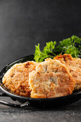 Meat cutlets pork, beef, chicken, lamb fried meat dish fresh delicious gourmet food background on the table rustic food top view copy space