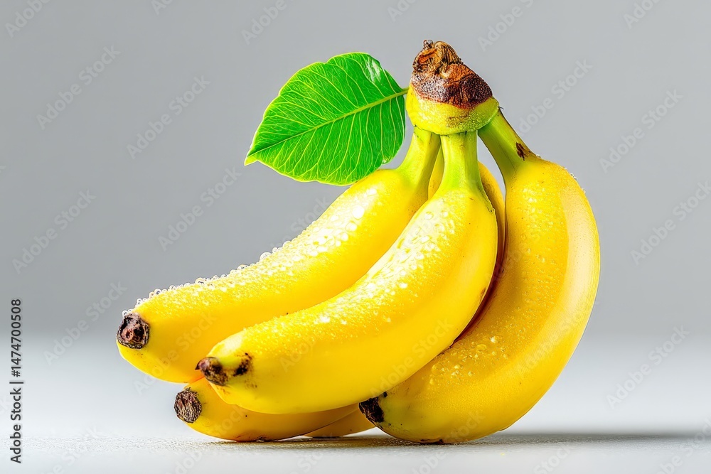 Poster fresh yellow bananas with a green leaf on a gray background showcasing their vibrant color and textu