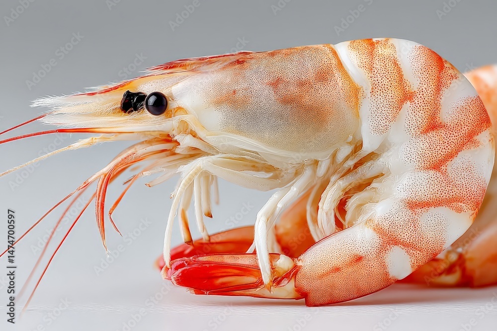 Aufkleber close-up view of a fresh shrimp showcasing vibrant colors and intricate details in a well-lit settin