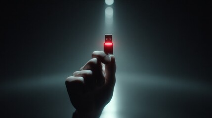 A hand holding a USB flash drive with a red light on it