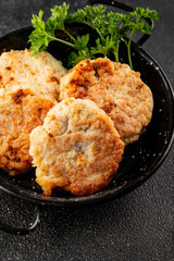 Meat cutlets pork, beef, chicken, lamb fried meat dish fresh delicious gourmet food background on the table rustic food top view copy space