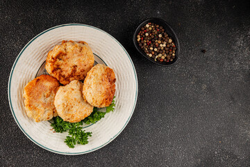 Meat cutlets pork, beef, chicken, lamb fried meat dish fresh delicious gourmet food background on the table rustic food top view copy space