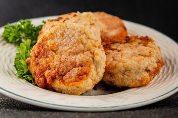 Meat cutlets pork, beef, chicken, lamb fried meat dish fresh delicious gourmet food background on the table rustic food top view copy space