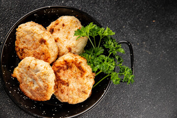 Meat cutlets pork, beef, chicken, lamb fried meat dish fresh delicious gourmet food background on the table rustic food top view copy space