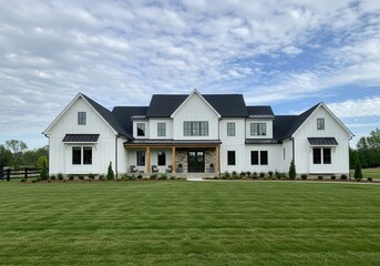 Obraz premium A large white farmhouse style house with a black roof and green lawn under a cloudy blue sky view from front