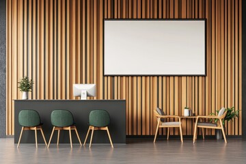 Modern reception area with wooden wall and dark counter