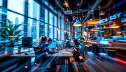 business icons multi exposure, ethereal office setting, digital painting, electric blue highlights, vibrant, energetic, motion blur, soft lighting, success concept, hand drawn style, buoyant