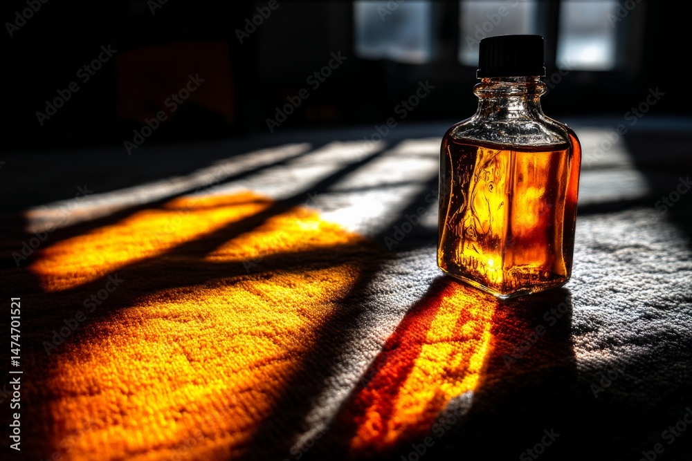 Fototapete glass bottle sits on a surface reflecting warm light and creating shadows in a cozy indoor setting d