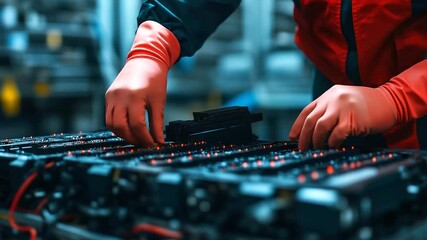 A technician’s gloved hands carefully inspecting the connectors of an advanced lithium-ion battery pack, highlighting precision engineering and safety in electric vehicle design. - Powered by Adobe