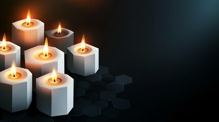 Abstract background with white candles and black hexagons vector illustration, front view. A set of burning candles on the table in different shapes and sizes, isolated on a dark background.