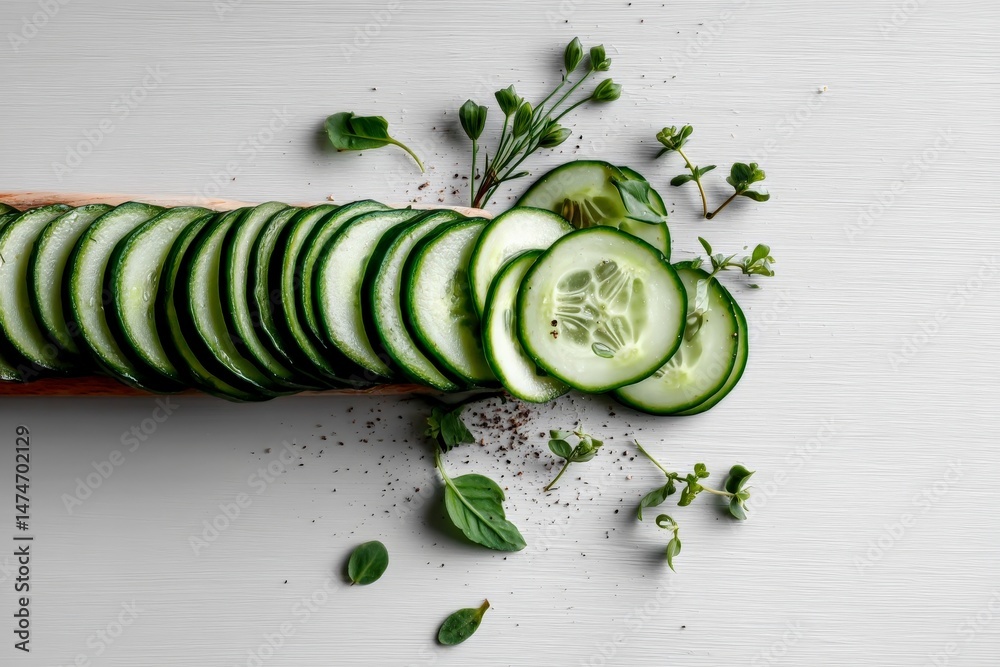 Poster fresh cucumber slices arranged on a wooden cutting board with herbs and spices in a kitchen setting