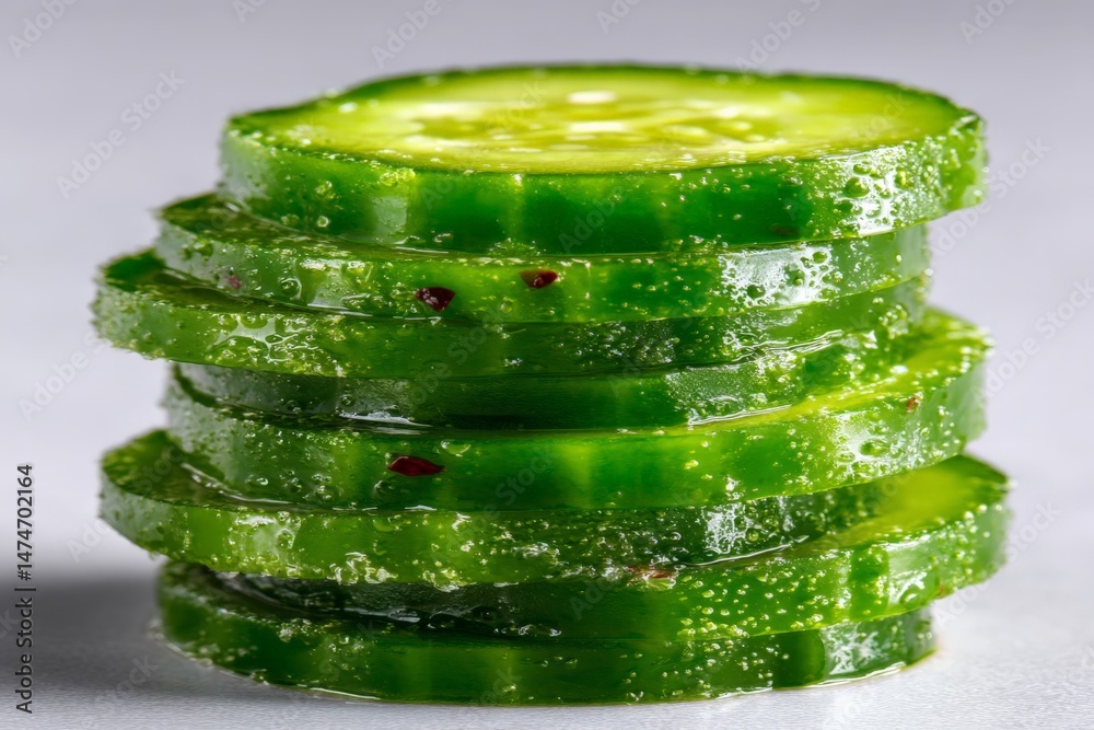 Poster Sliced cucumbers stacked neatly on a smooth surface for a fresh and healthy snack option