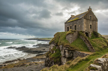 Ancient stone beach house on Celtic cliffs beneath overcast sky&mdash;rugged coastal architecture with historic charm, dramatic moody sea views, foggy weathered scenery