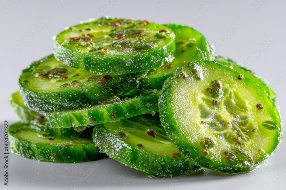 Poster fresh cucumber slices seasoned with spices piled on a clean surface ready for a healthy dish