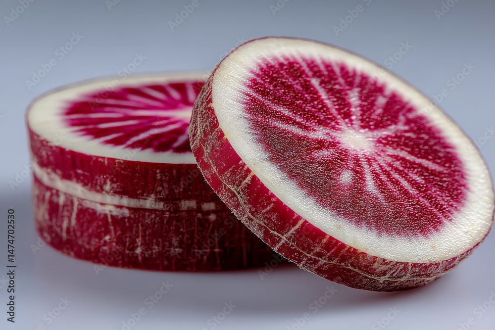 Poster Brightly colored sliced radishes showcasing a unique pattern in a simple arrangement on a neutral background