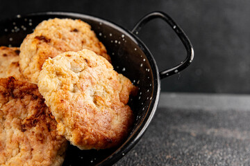 Meat cutlets pork, beef, chicken, lamb fried meat dish fresh delicious gourmet food background on the table rustic food top view copy space