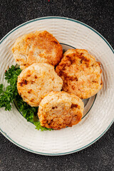 Meat cutlets pork, beef, chicken, lamb fried meat dish fresh delicious gourmet food background on the table rustic food top view copy space