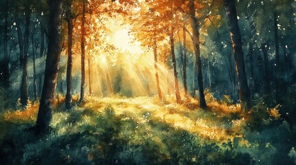 Fototapeta premium Majestic forest captured with sunlight filtering through tall trees creating a golden glow