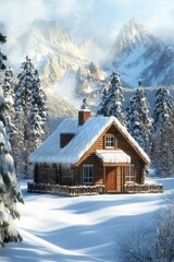 Naklejka premium A cottage isolated in a snowy mountain valley