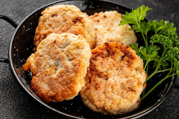 Meat cutlets pork, beef, chicken, lamb fried meat dish fresh delicious gourmet food background on the table rustic food top view copy space