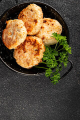 Meat cutlets pork, beef, chicken, lamb fried meat dish fresh delicious gourmet food background on the table rustic food top view copy space