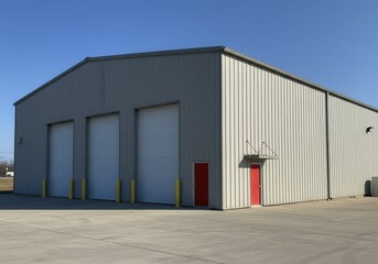 A large gray metal building with three garage doors and two red doors under a bright blue sky day light