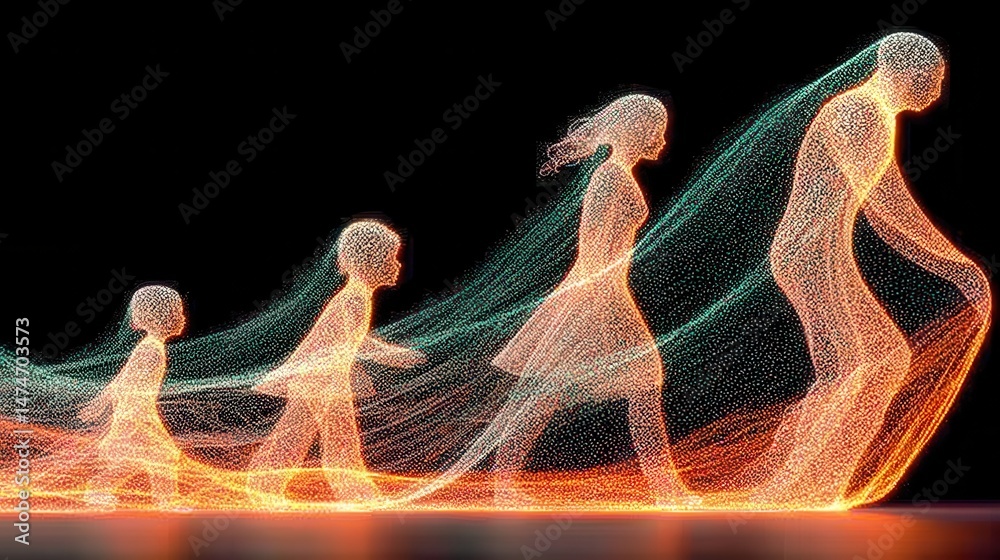 Poster technology style whit net glowing wave,glowing line glow wave,glow line , family having fun with children