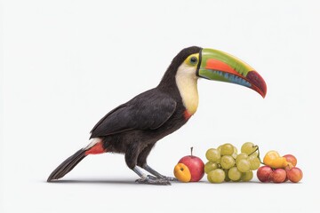 Fototapeta premium Vibrant toucan with a large beak stands near a cluster of fresh fruit against a white background.