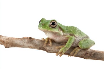 Naklejka premium A vibrant green tree frog clings to a branch against a stark white background.