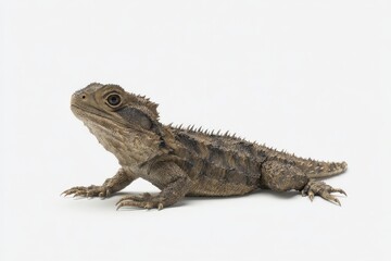 Fototapeta premium A young Tuatara lizard against a white background.