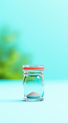 Obraz premium A small jar filled with fine sand and decorated with a simple lid sitting on a wooden surface