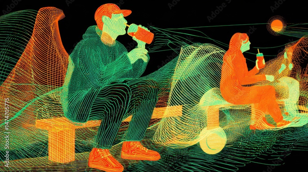 Poster technology style whit net glowing wave,glowing line glow wave,glow line , friends enjoying beer at pub.stock image
