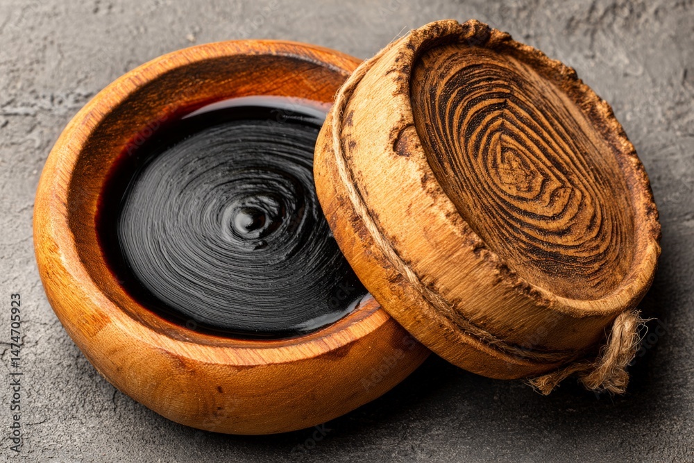 Aufkleber natural black liquid in a wooden bowl placed on a textured surface showcasing unique patterns