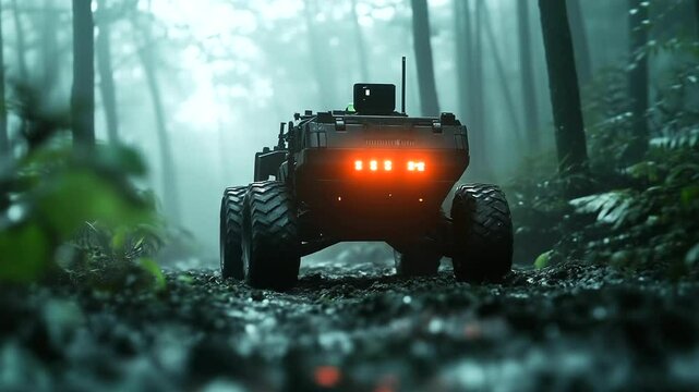 A high-tech, military-style autonomous rover carefully navigating through a thick foggy forest, using infrared sensors to detect obstacles.