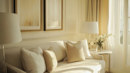 Elegant Space with White Sofa and Beige Cushions