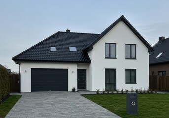 Fototapeta premium A modern white house with a black roof and garage door on a cloudy day in a residential neighborhood