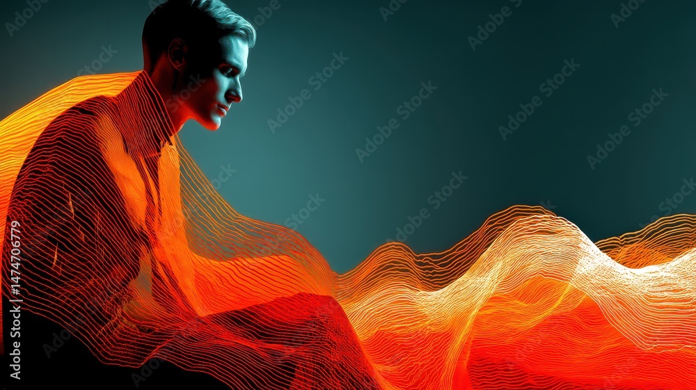 Poster technology style whit net glowing wave,glowing line glow wave,glow line , handsome young man smiling