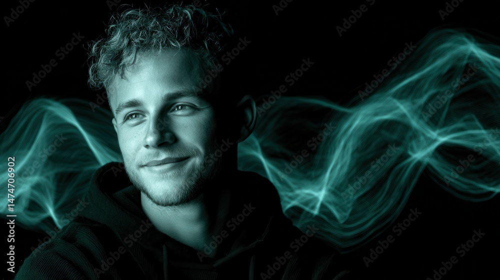 Poster technology style whit net glowing wave,glowing line glow wave,glow line , handsome young man smiling.stock image