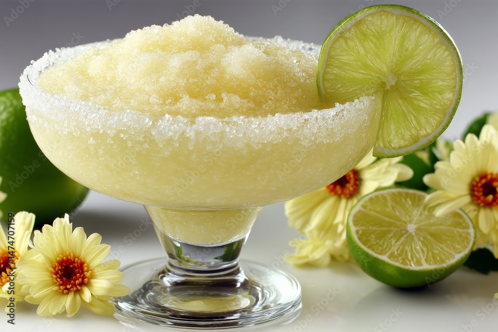 Poster refreshing lime slush served in a glass with salt rim and garnished with lime slices, perfect for wa