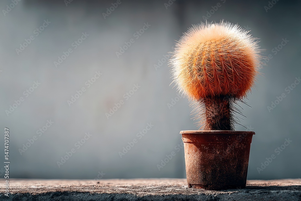 Poster Bright orange cactus in a simple pot placed against a soft gray background highlighting its unique texture and shape