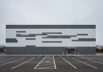 Exterior view of a grey and white building with parking lot on an overcast day in a rural setting