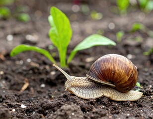 Escargot sur sol humide dans un potager – pousse fraîche et ambiance jardin