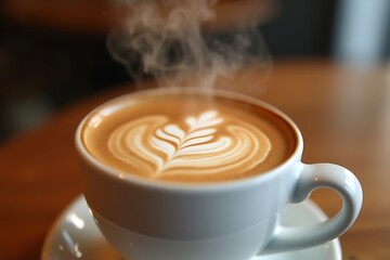 Elegant Tulip Latte Art: Steaming Hot Coffee in a White Ceramic Cup on Wooden Surface, Soft Focus                                                     