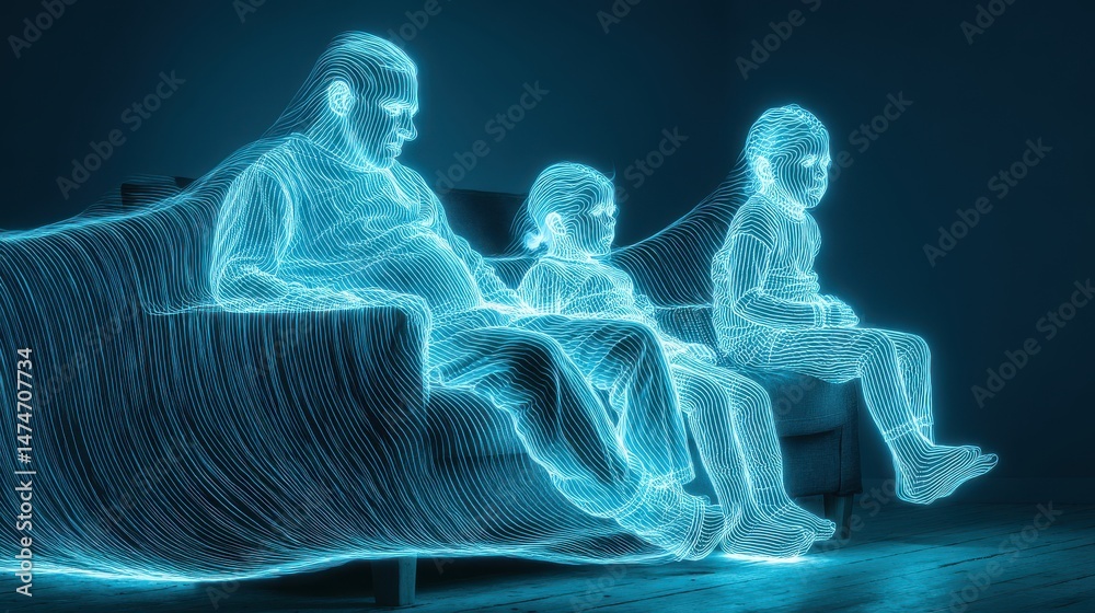 Poster technology style whit net glowing wave,glowing line glow wave,glow line , happy ethnic family with t
