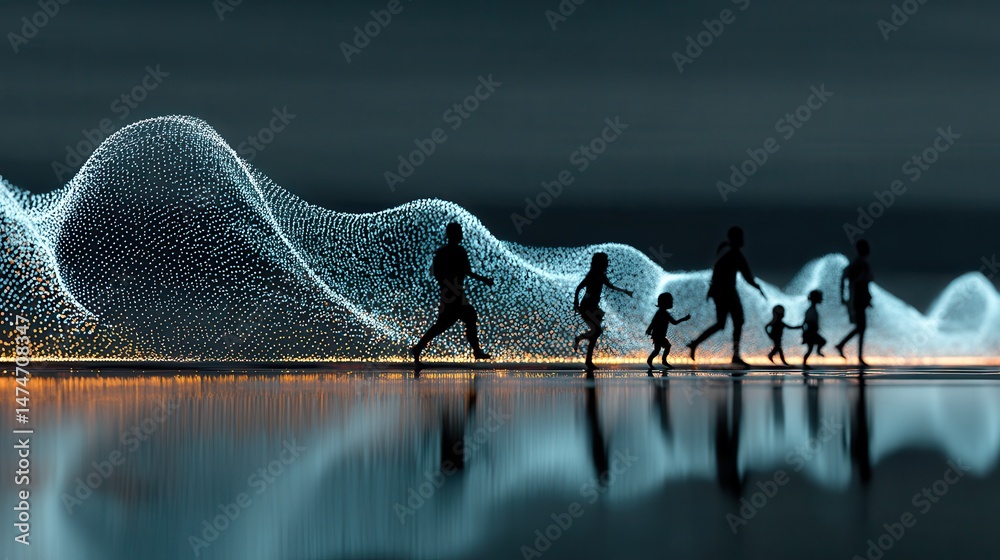 Poster technology style whit net glowing wave,glowing line glow wave,glow line , happy family running on beach,photo stocks