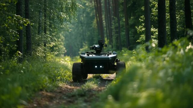 A state-of-the-art autonomous forestry robot moving through a woodland area, collecting environmental data while avoiding obstacles with AI precision.