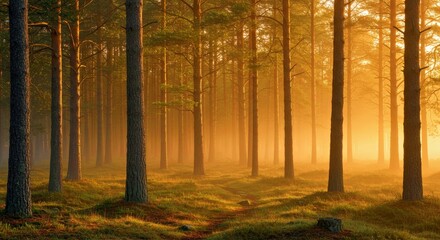 Obraz premium Misty Nordic Forest with Tall Pines and Sunrise Glow