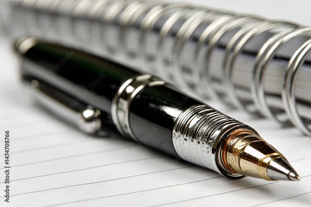 Poster elegant pen lying on neatly lined paper beside a stack of metal rings, perfect for note-taking and w